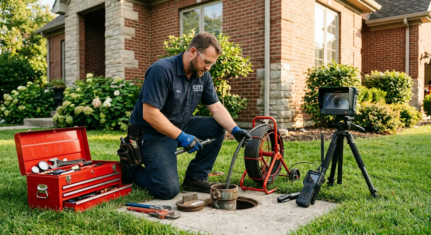 Sewer specialist with camera equipment servicing a cleanout in Tontitown