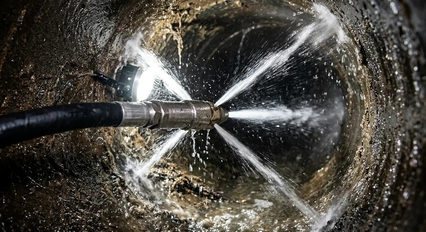 High-pressure hydro jetting nozzle cleaning sewer pipe for Sewer Cleanout in Tontitown