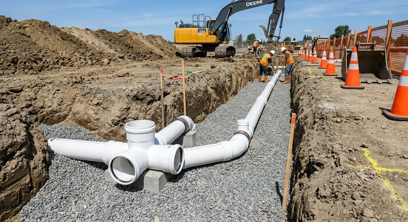 New PVC sewer pipe installation in open trench for Commercial Drain Cleaning in Tontitown