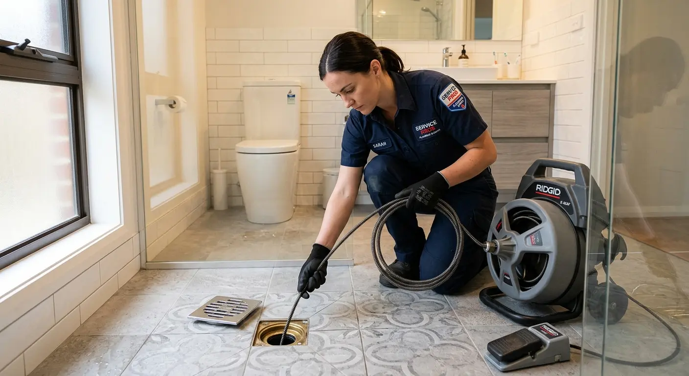 Technician clearing a bathroom floor drain for Hydro Jetting in Tontitown